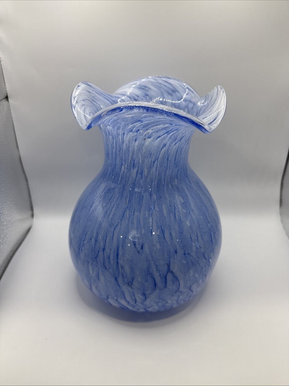 BLUE & WHITE ART GLASS VASE 9 1/2" HIGH RIPPLED RIM